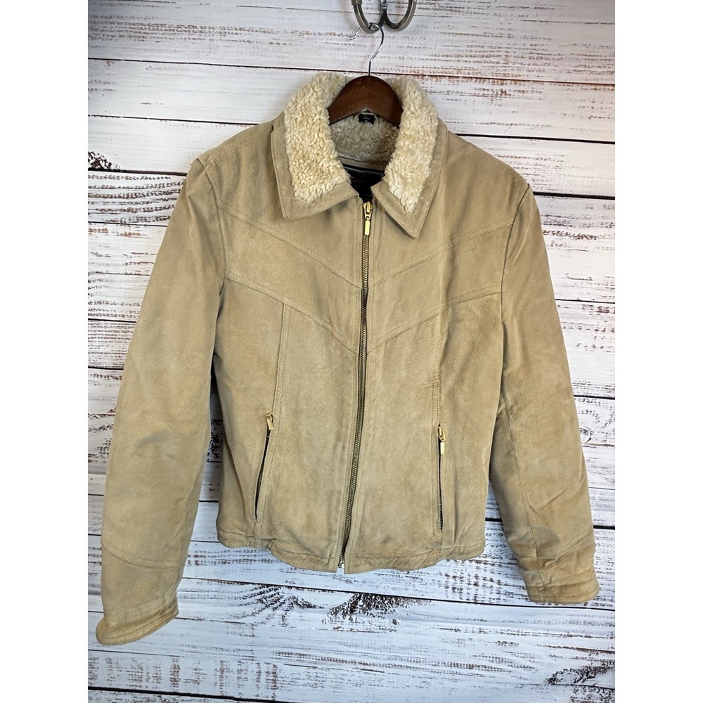 Vintage Suede Bomber Jacket M‎ Western Beige Tan Faux Shearling Aviator Flight